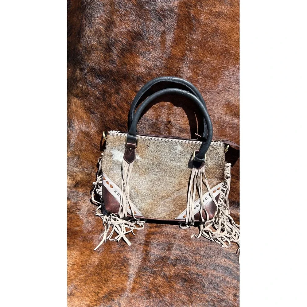 Western Cowhide Leather Fringe Satchel‎ Bag Brown Studded Whipstitch Handbag
